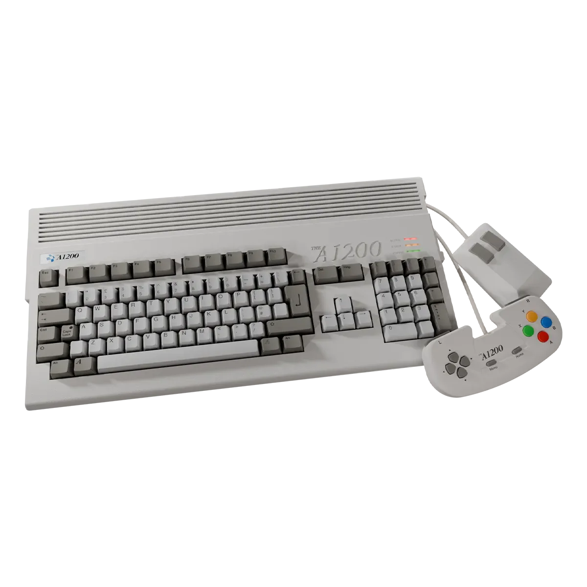Vintage computer keyboard and mouse set with 'A1200' branding on a white background